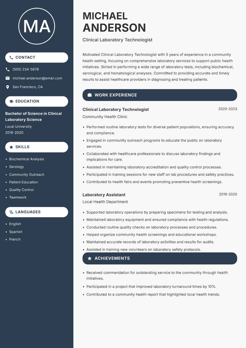 Clinical Laboratory Technologist Resume Preview Example