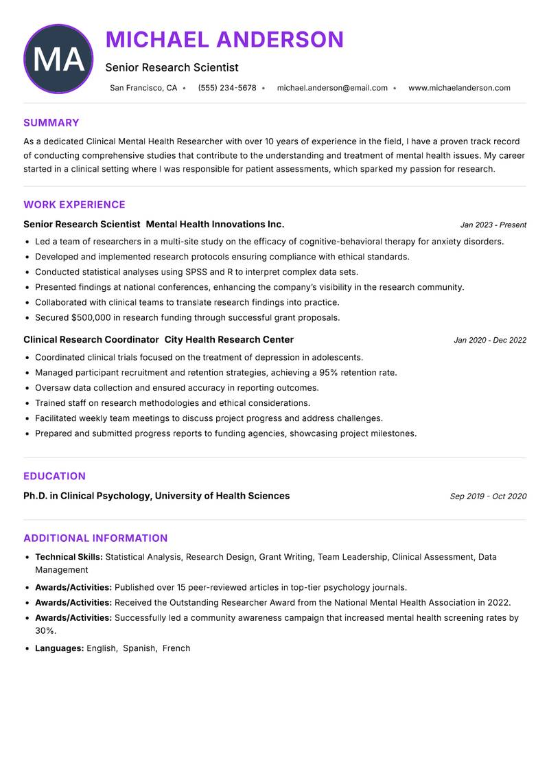 Clinical Mental Health Researcher Resume Preview Example