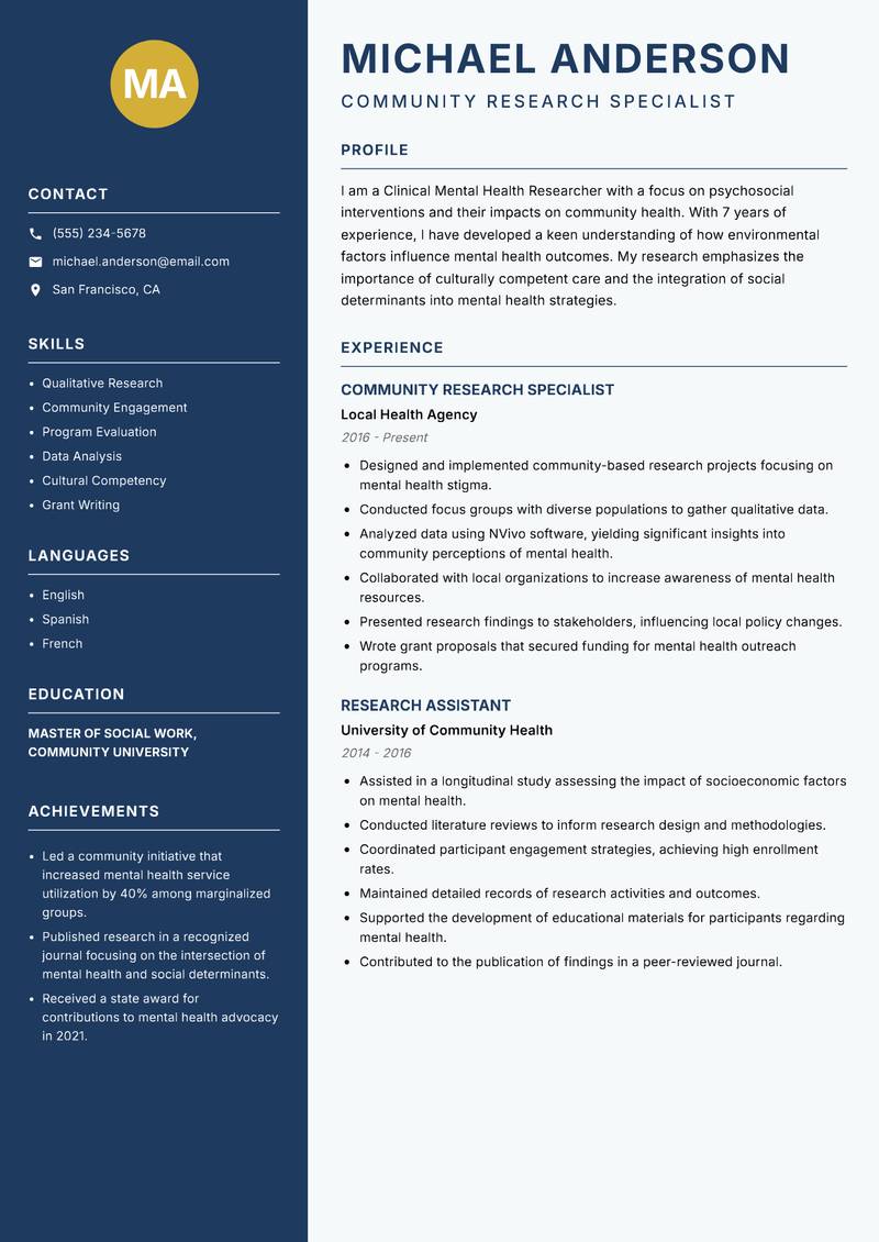 Clinical Mental Health Researcher Resume Preview Example