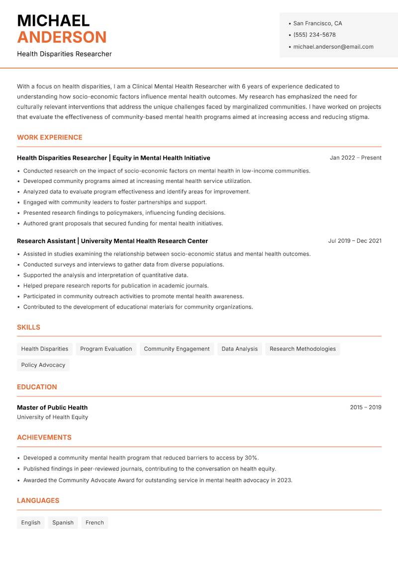 Clinical Mental Health Researcher Resume Template