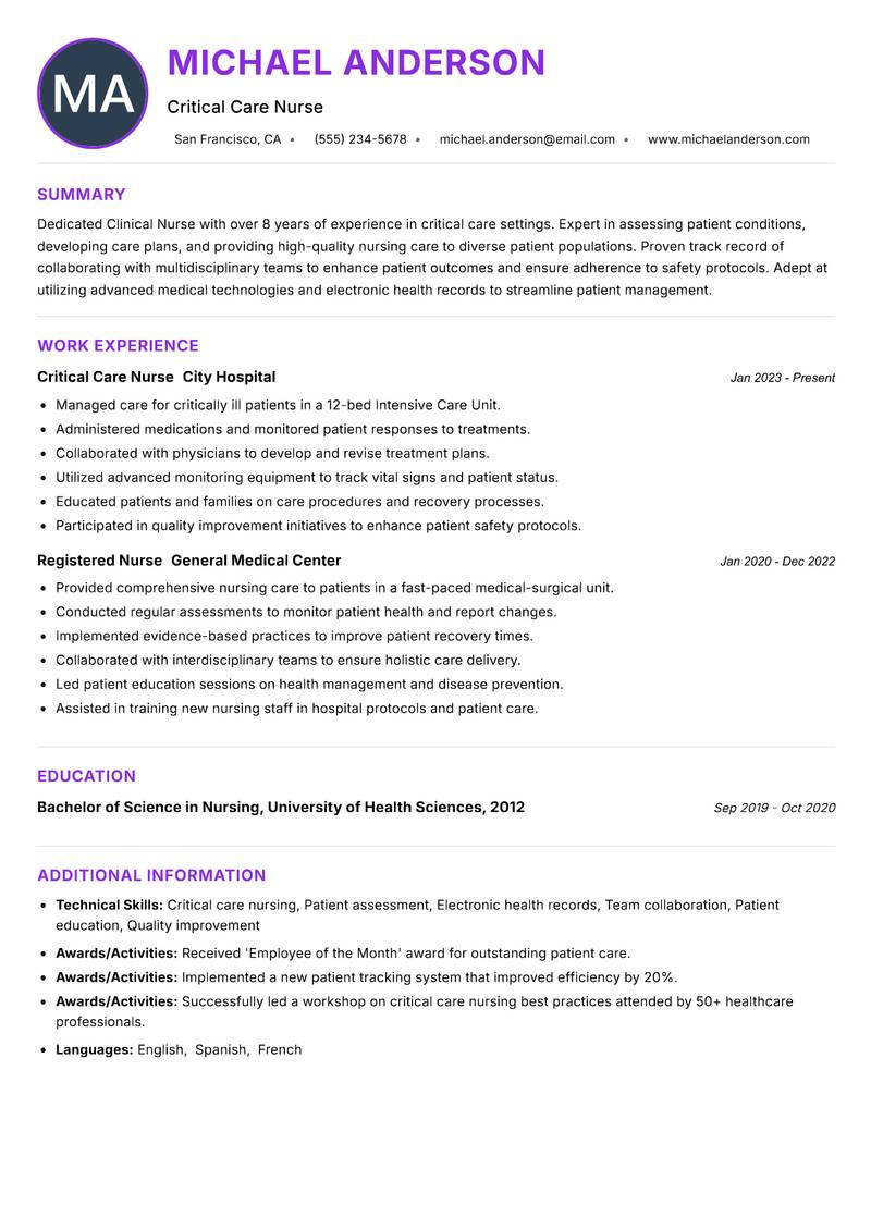 Clinical Nurse Resume Preview Example