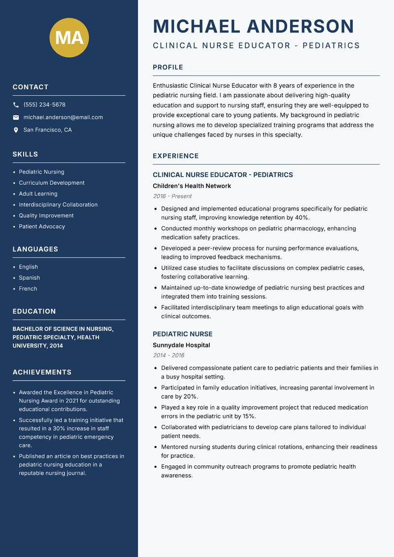 Clinical Nurse Educator Resume Preview Example