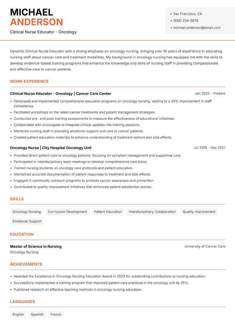 Clinical Nurse Educator Resume Template