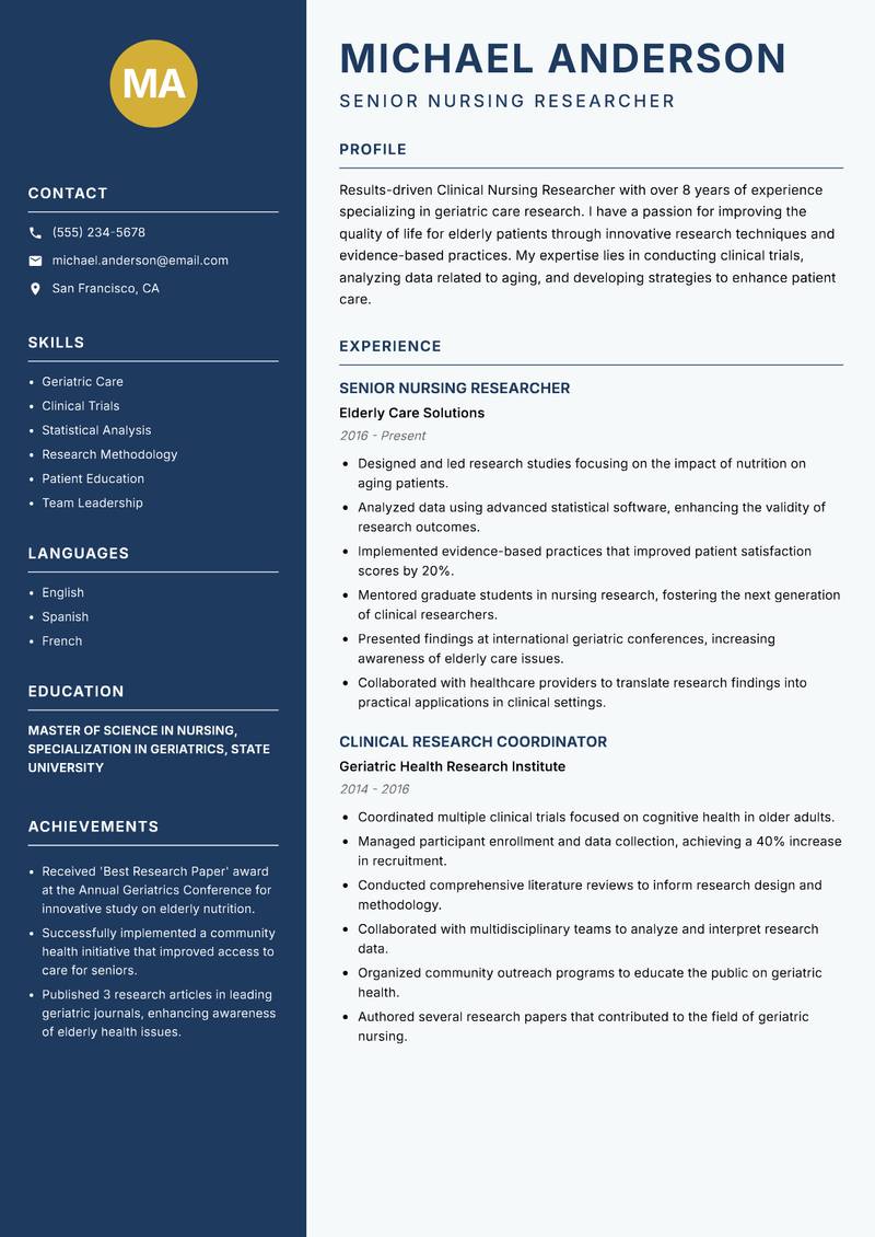 Clinical Nursing Researcher Resume Preview Example