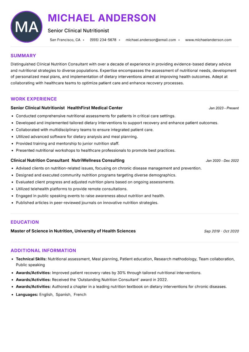 Clinical Nutrition Consultant Resume Preview Example