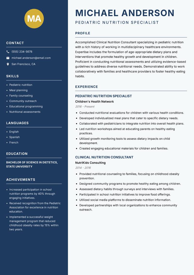 Clinical Nutrition Consultant Resume Preview Example