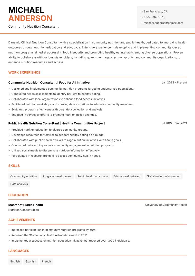 Clinical Nutrition Consultant Resume Template