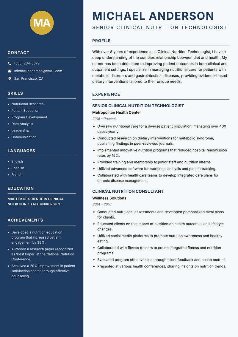 Clinical Nutrition Technologist Resume Preview Example