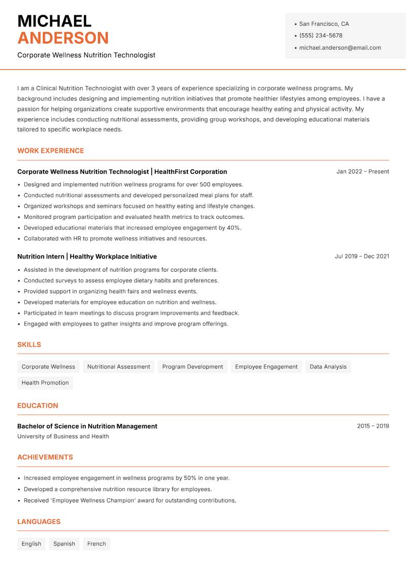 Clinical Nutrition Technologist Resume Template