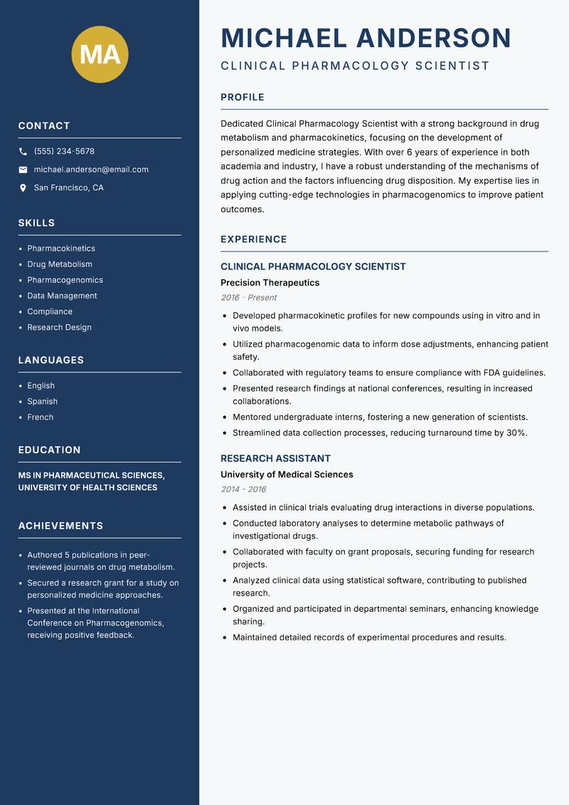 Clinical Pharmacology Scientist Resume Preview Example
