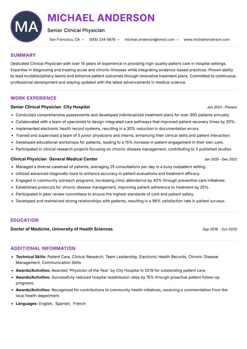 Clinical Physician Resume Preview Example