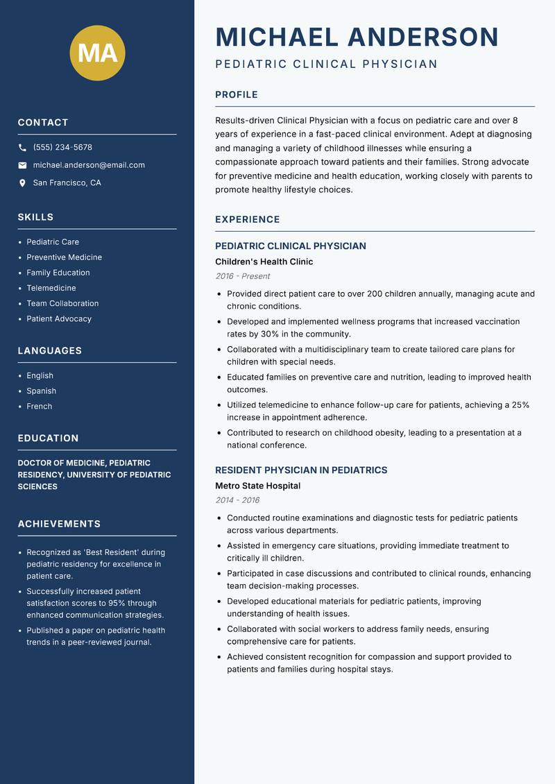 Clinical Physician Resume Preview Example
