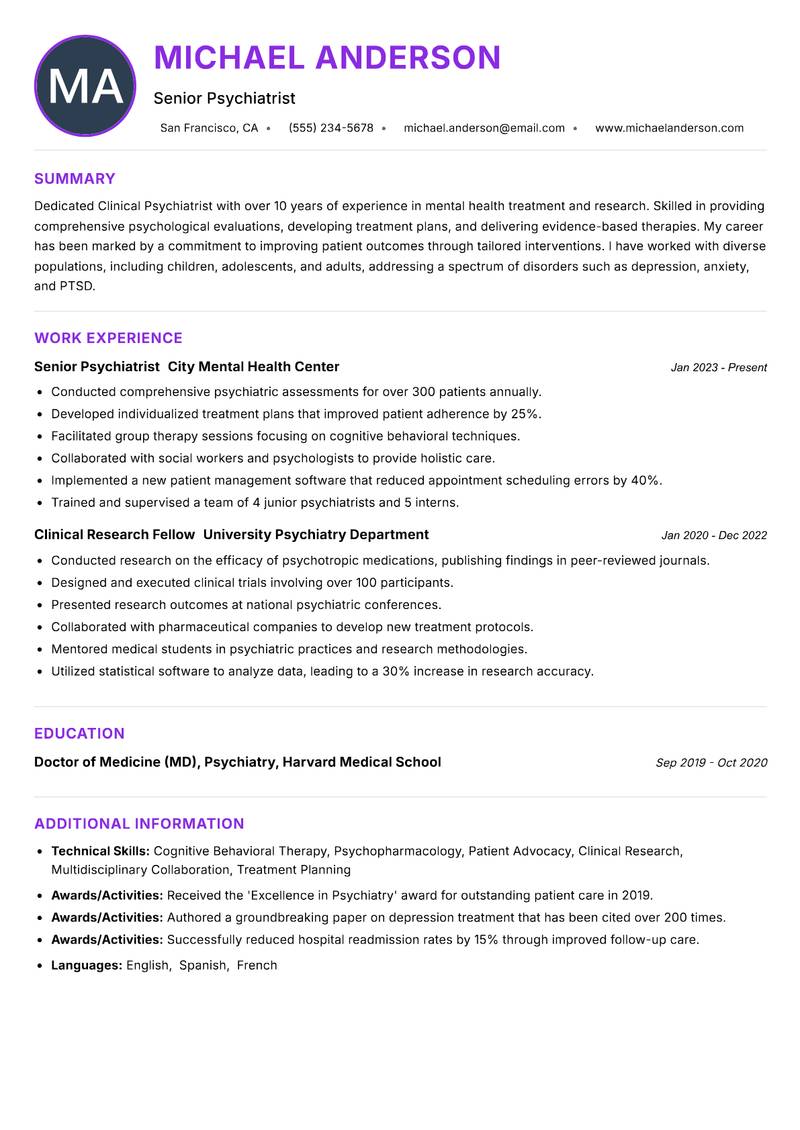 Clinical Psychiatrist Resume Preview Example