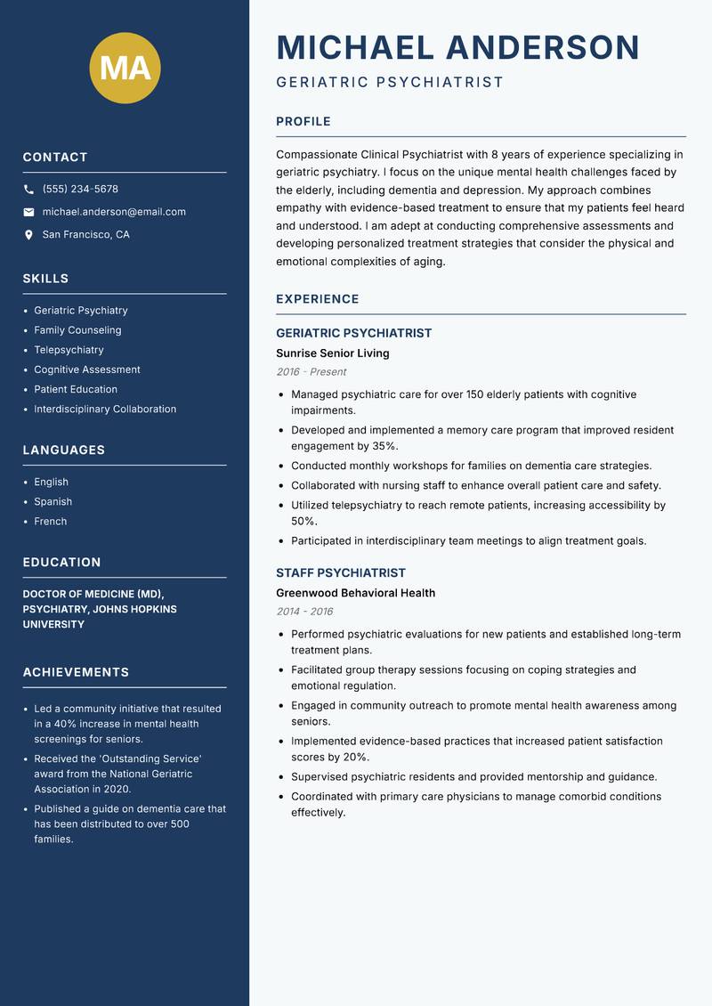 Clinical Psychiatrist Resume Preview Example