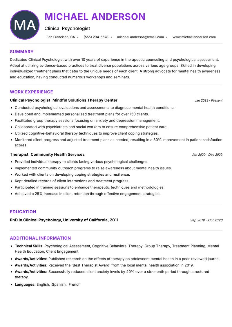 Clinical Psychologist Resume Preview Example