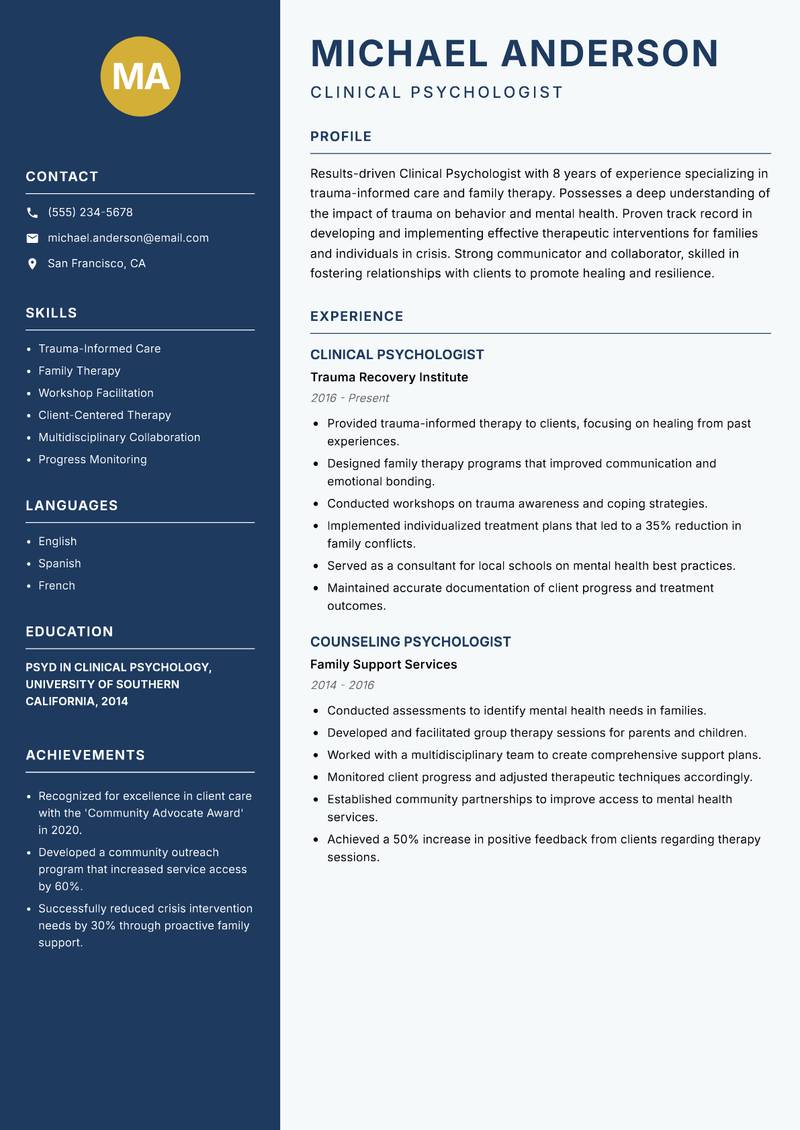 Clinical Psychologist Resume Preview Example