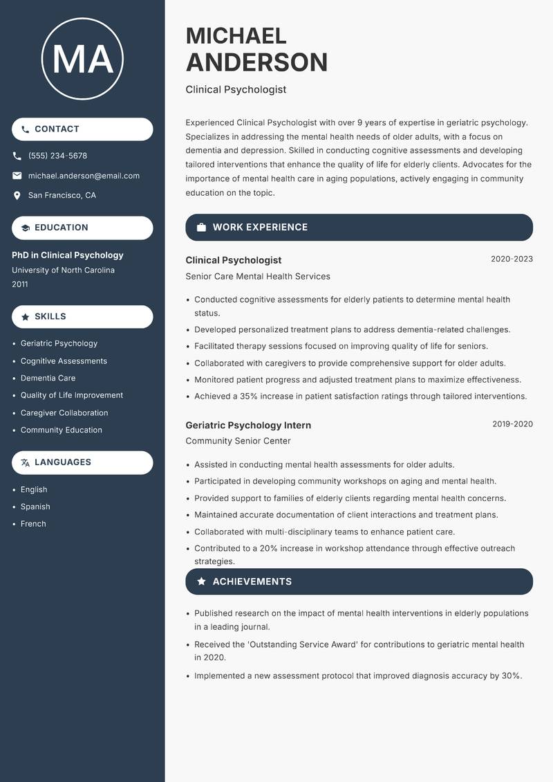 Clinical Psychologist Resume Preview Example