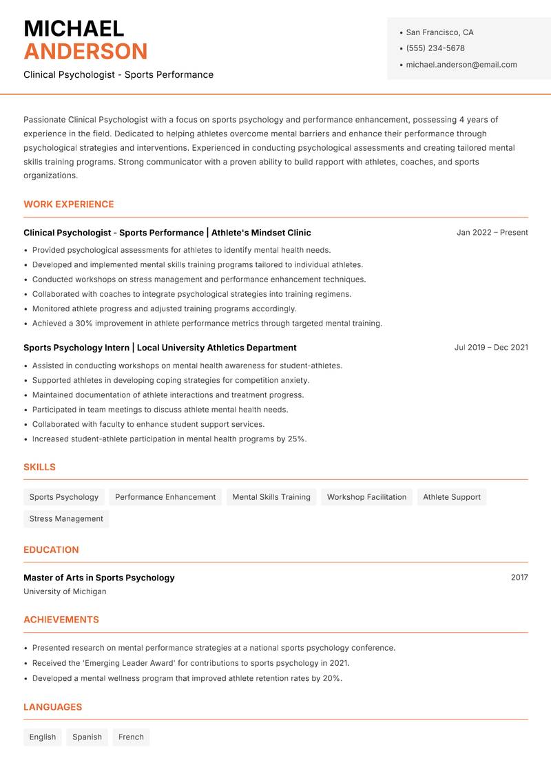 Clinical Psychologist Resume Template