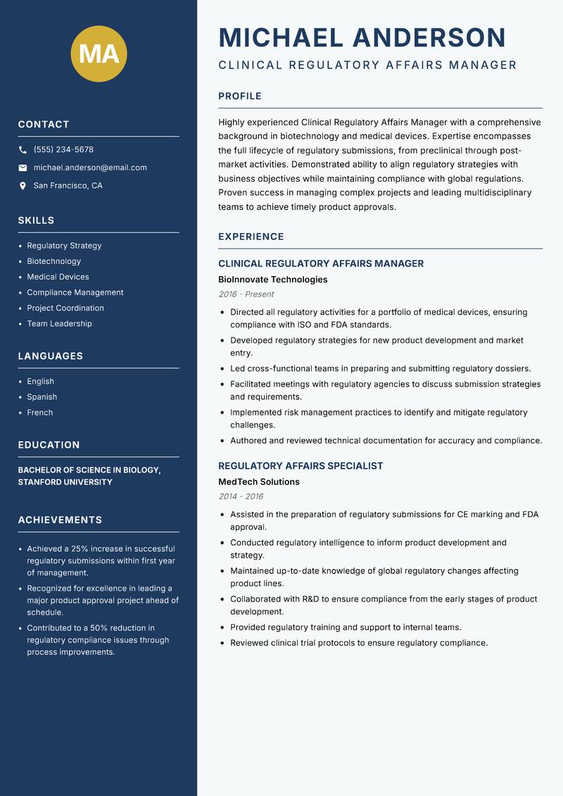 Clinical Regulatory Affairs Manager Resume Preview Example