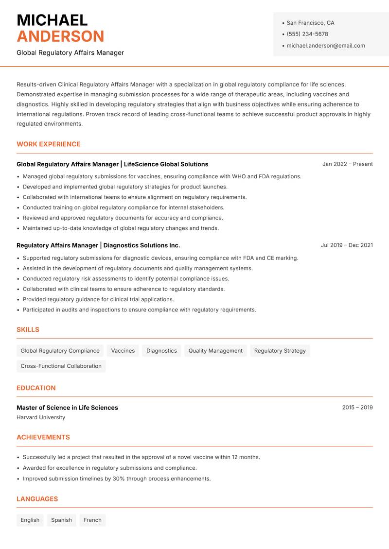 Clinical Regulatory Affairs Manager Resume Template