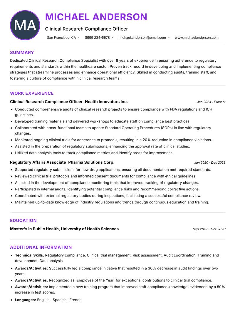 Clinical Research Compliance Specialist Resume Preview Example