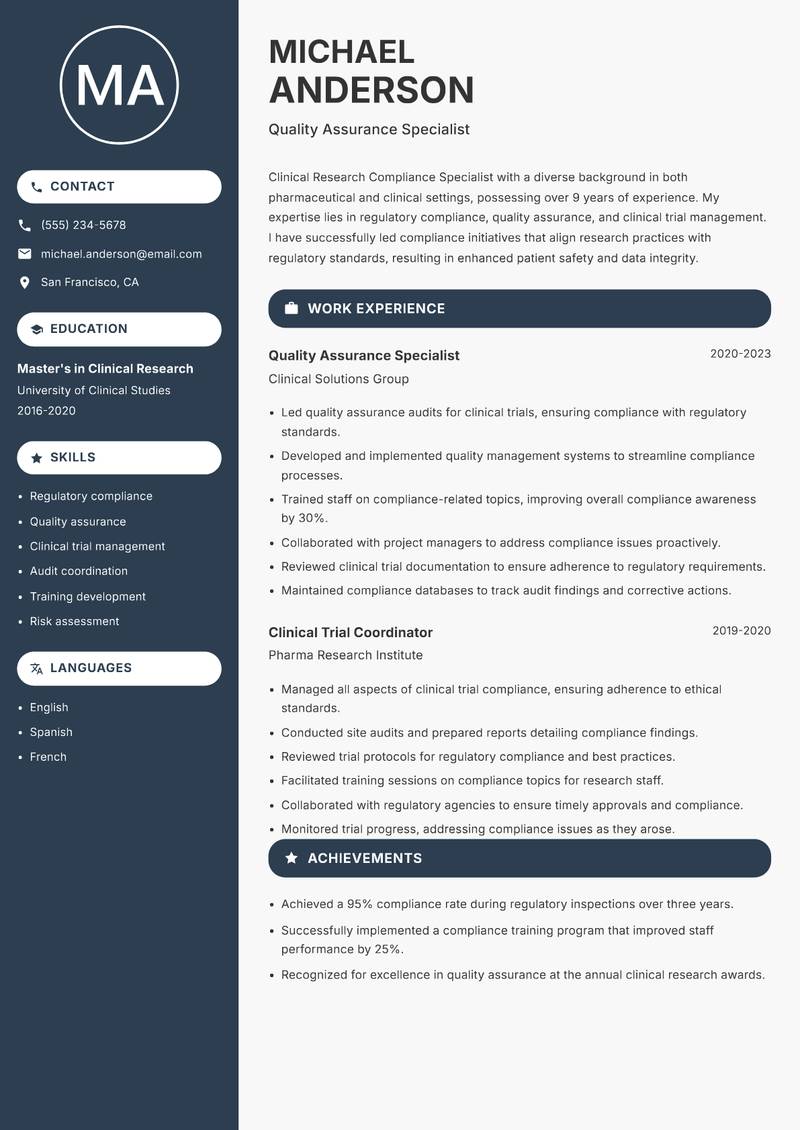 Clinical Research Compliance Specialist Resume Preview Example