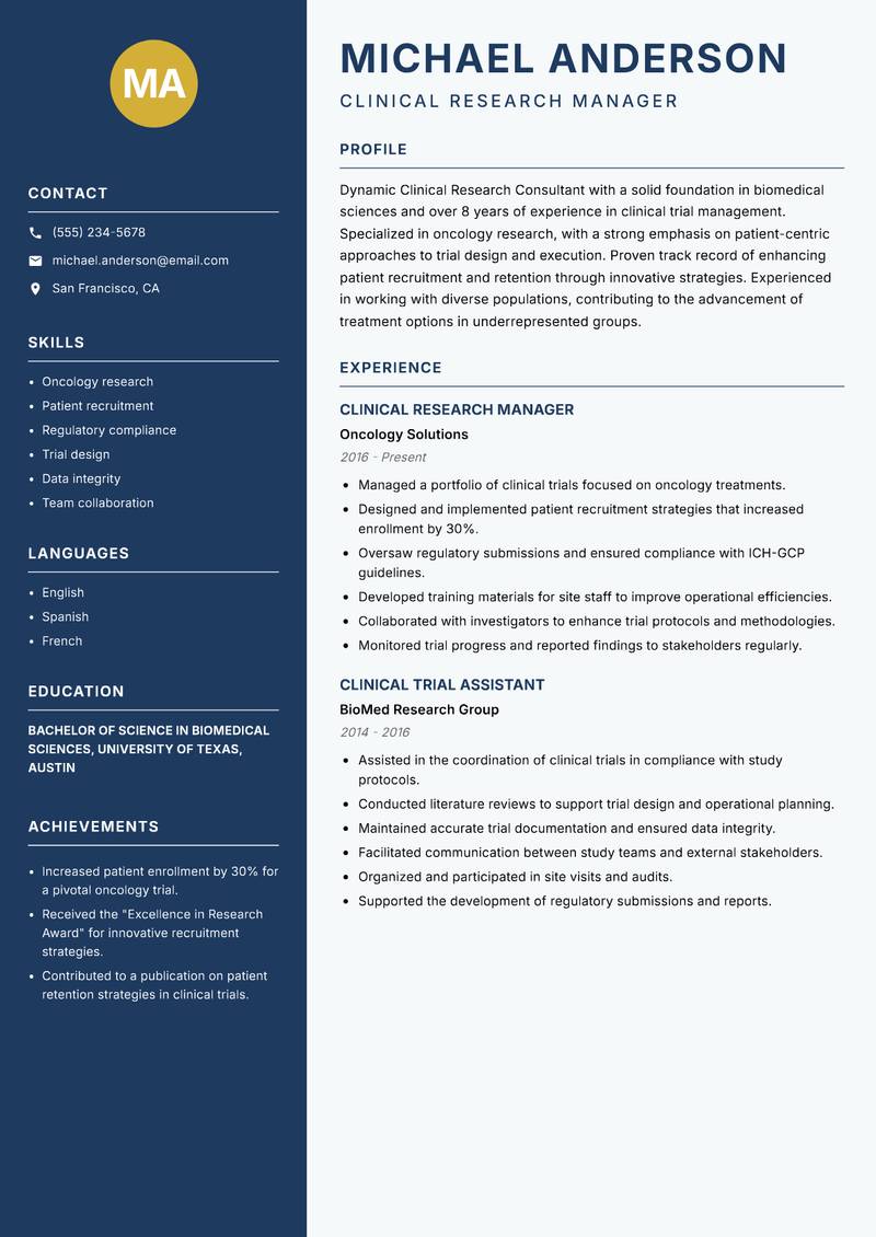Clinical Research Consultant Resume Preview Example