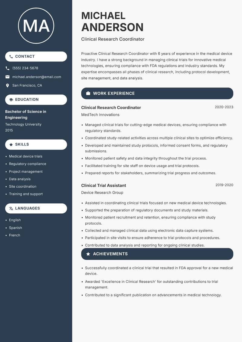 Clinical Research Coordinator Resume Preview Example