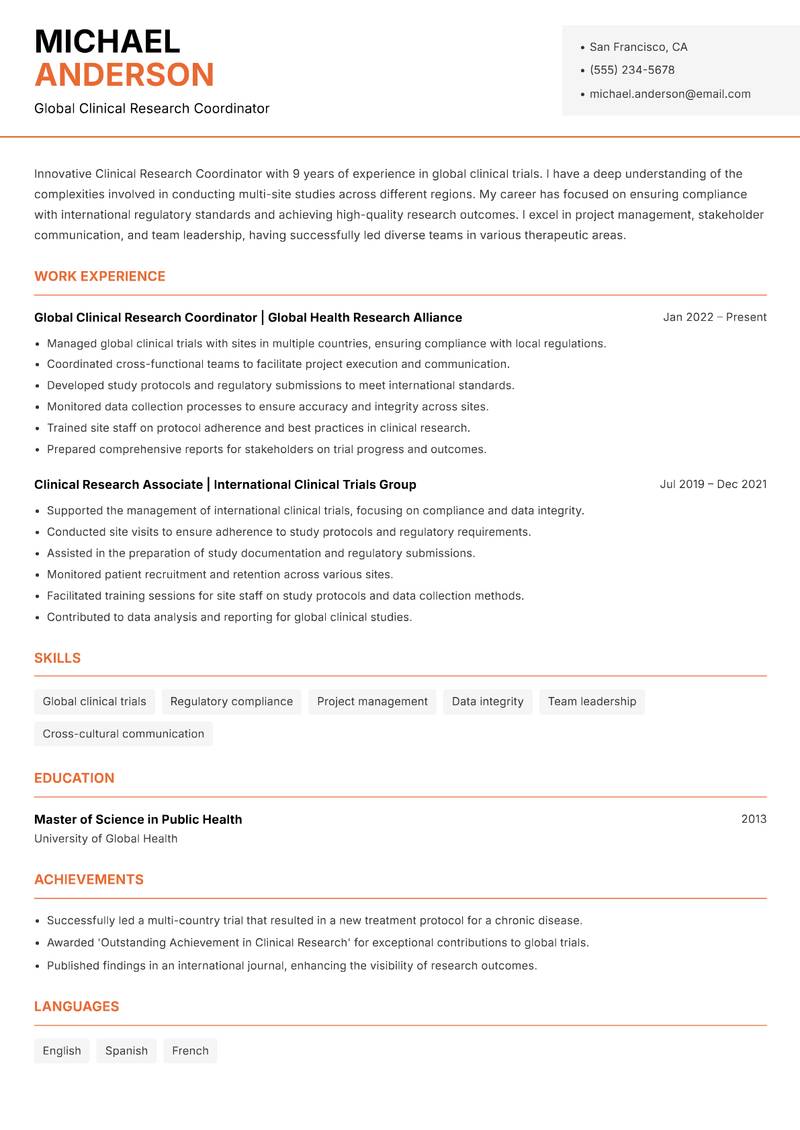 Clinical Research Coordinator Resume Template