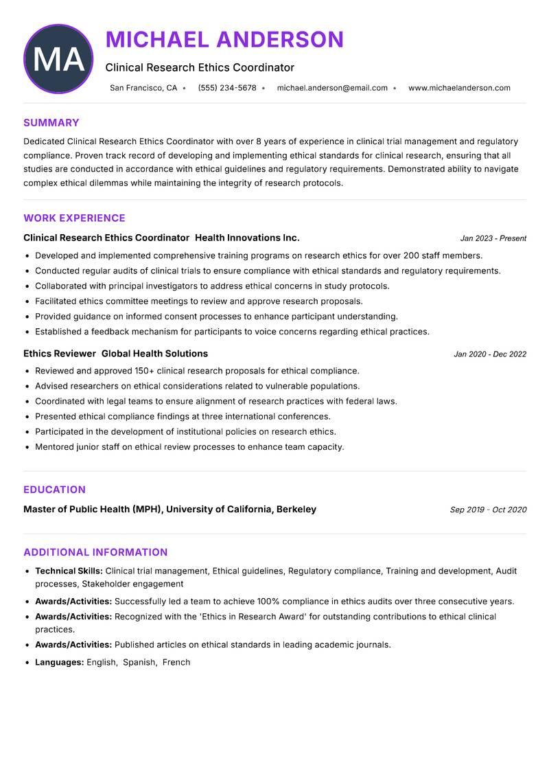 Clinical Research Ethics Coordinator Resume Preview Example