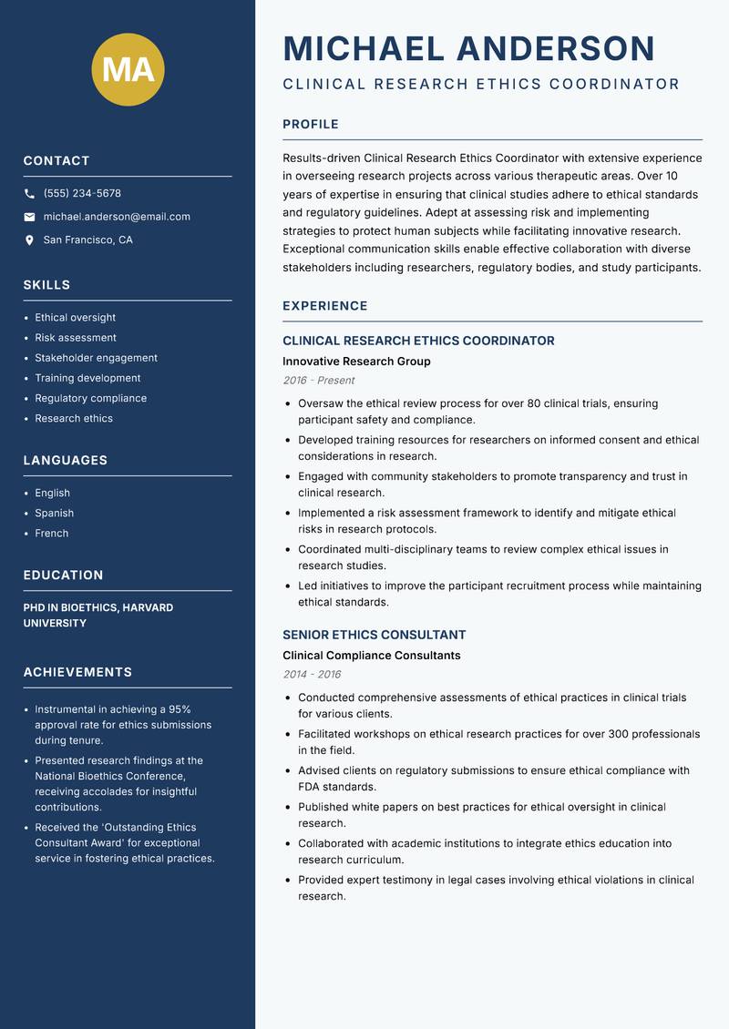 Clinical Research Ethics Coordinator Resume Preview Example