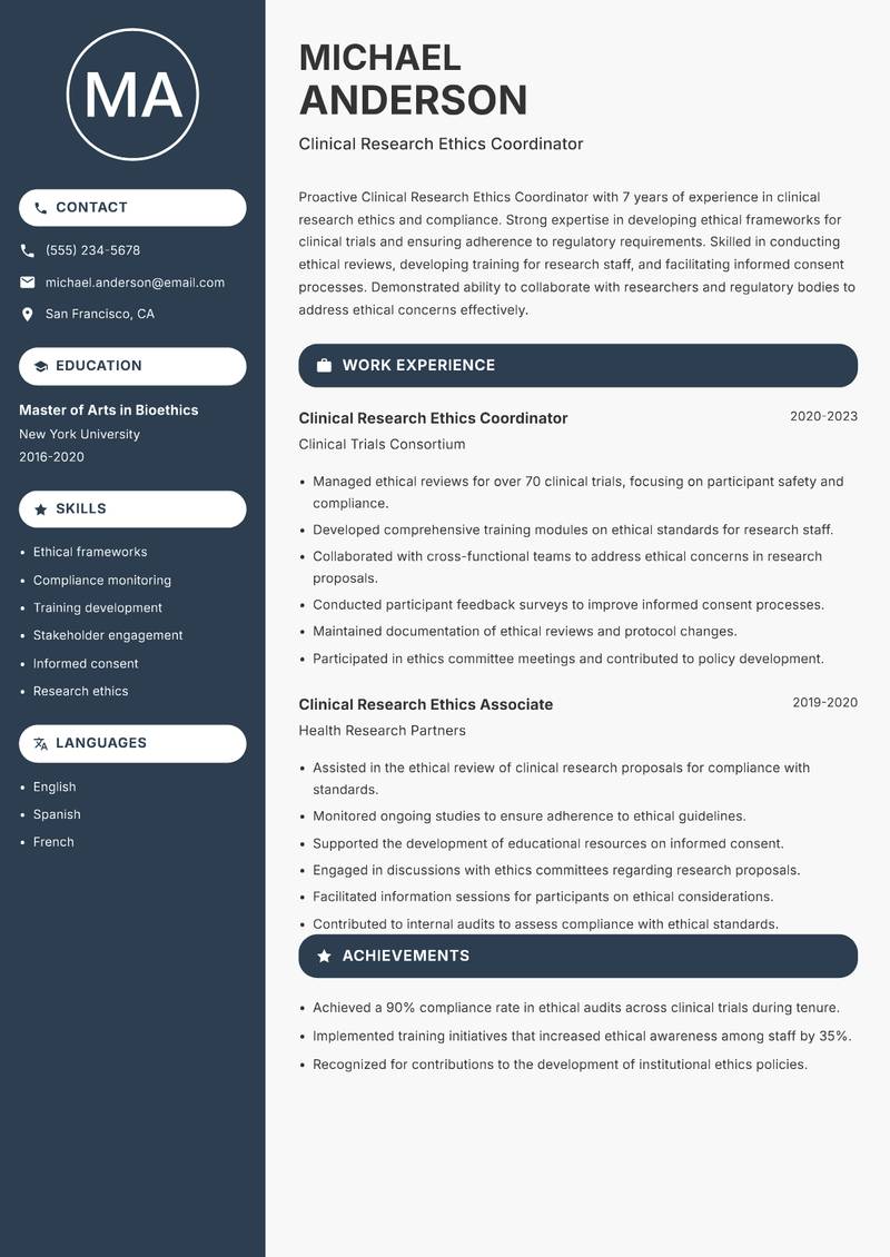 Clinical Research Ethics Coordinator Resume Preview Example