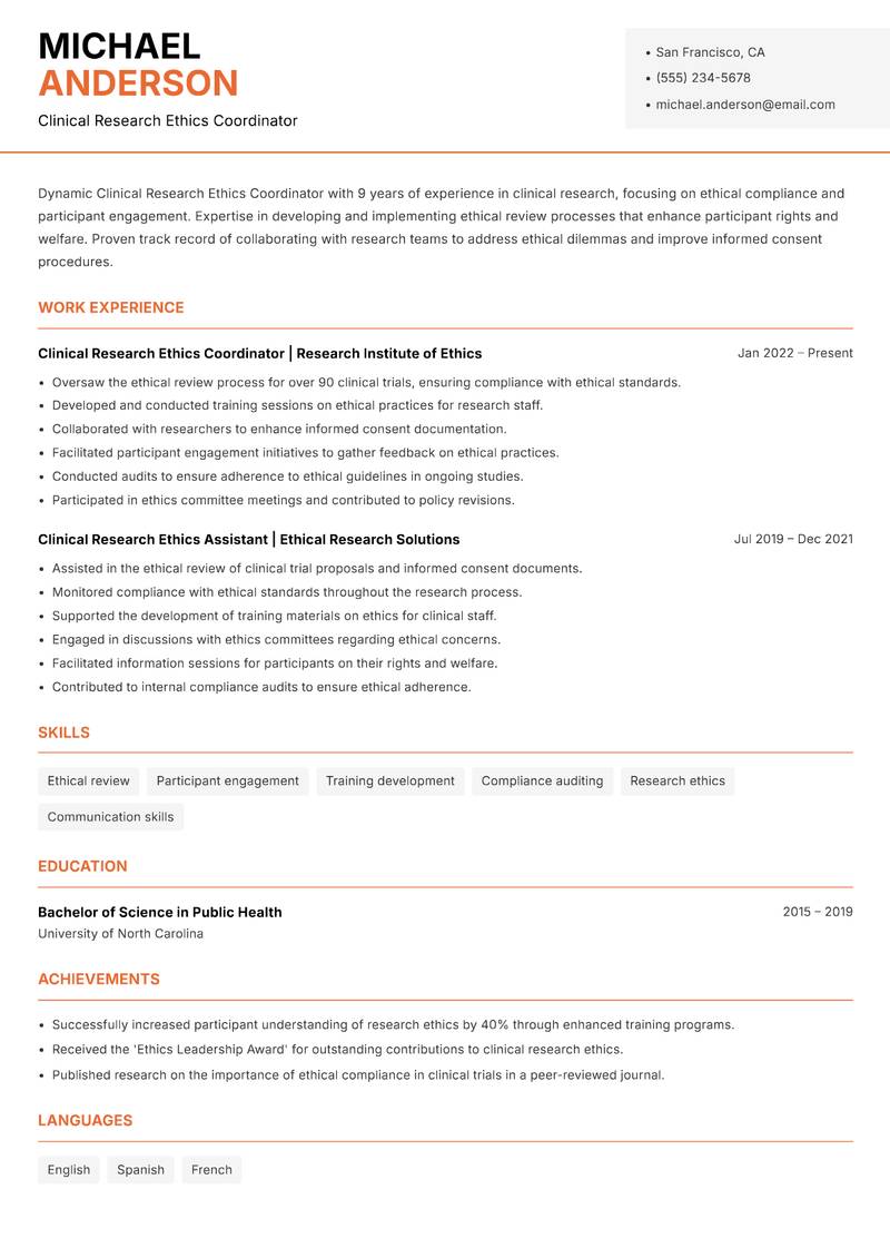 Clinical Research Ethics Coordinator Resume Template