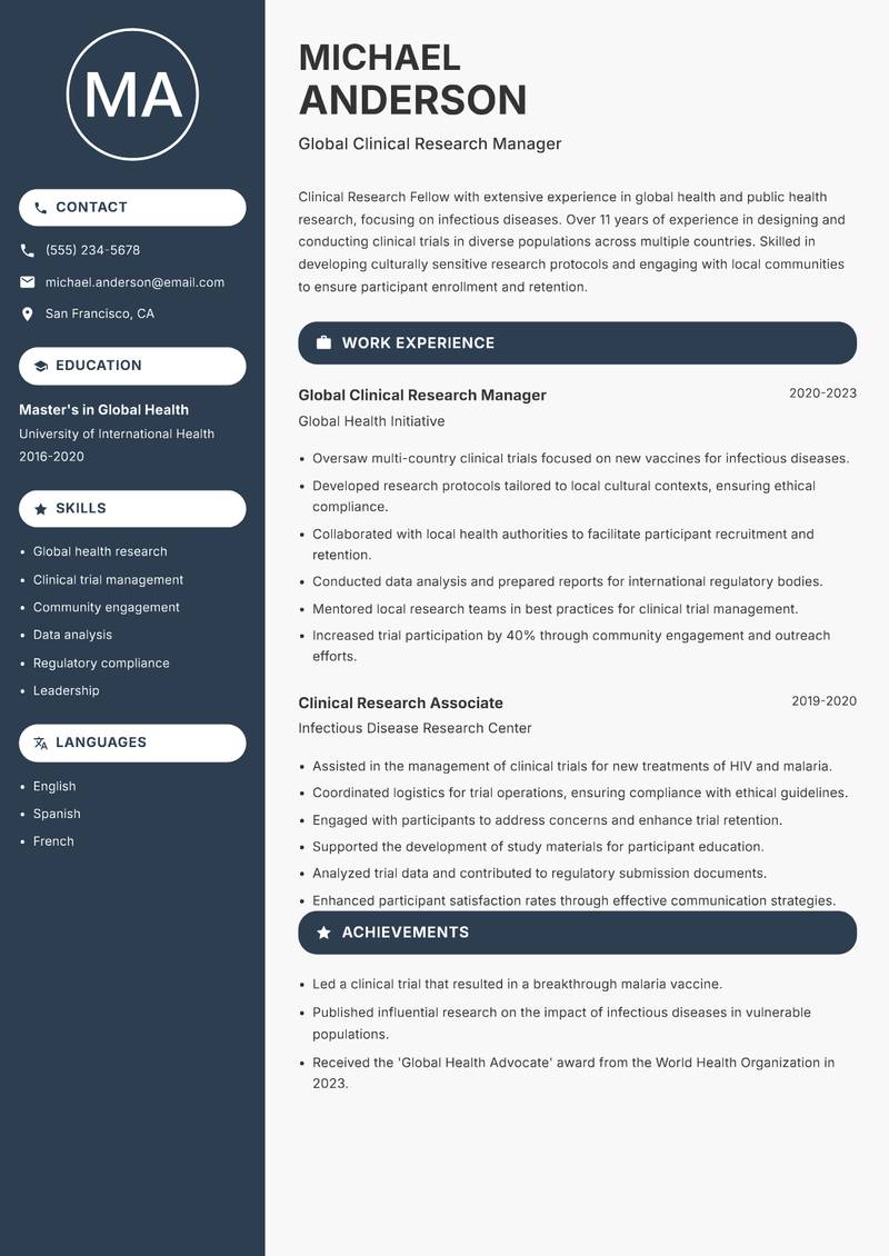 Clinical Research Fellow Resume Preview Example