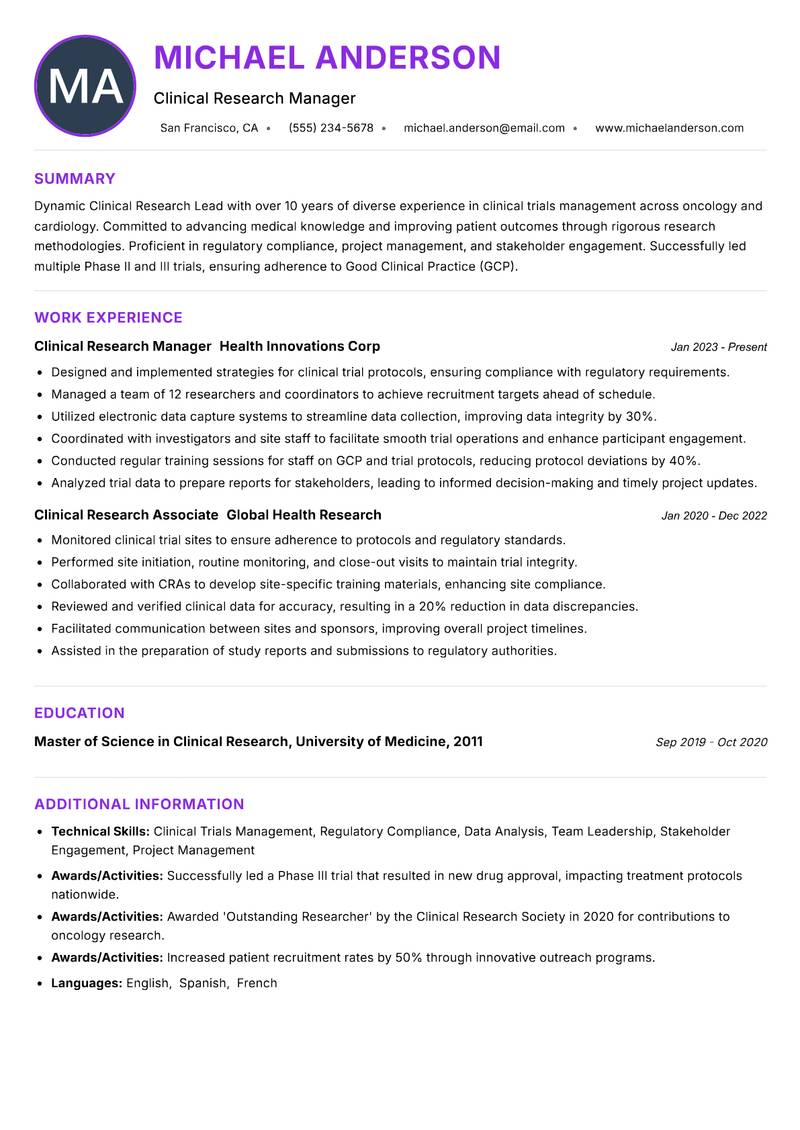 Clinical Research Lead Resume Preview Example