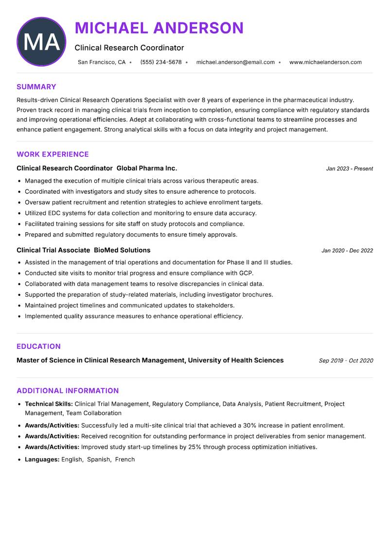 Clinical Research Operations Specialist Resume Preview Example