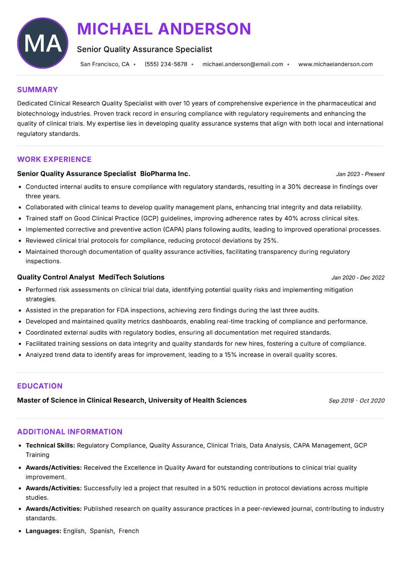 Clinical Research Quality Specialist Resume Preview Example