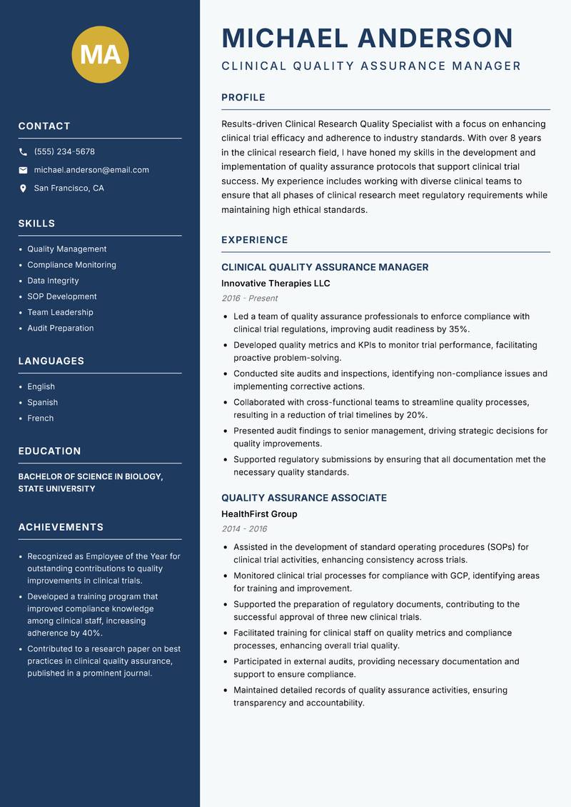 Clinical Research Quality Specialist Resume Preview Example
