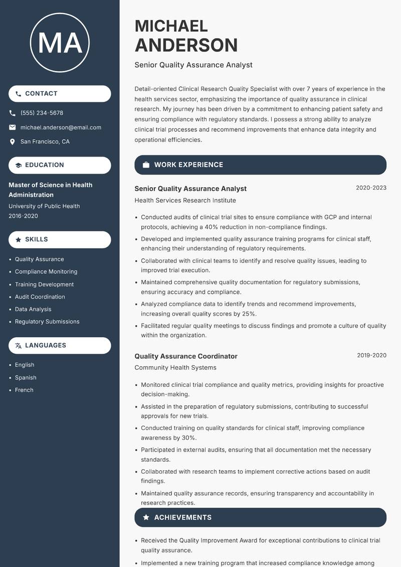 Clinical Research Quality Specialist Resume Preview Example