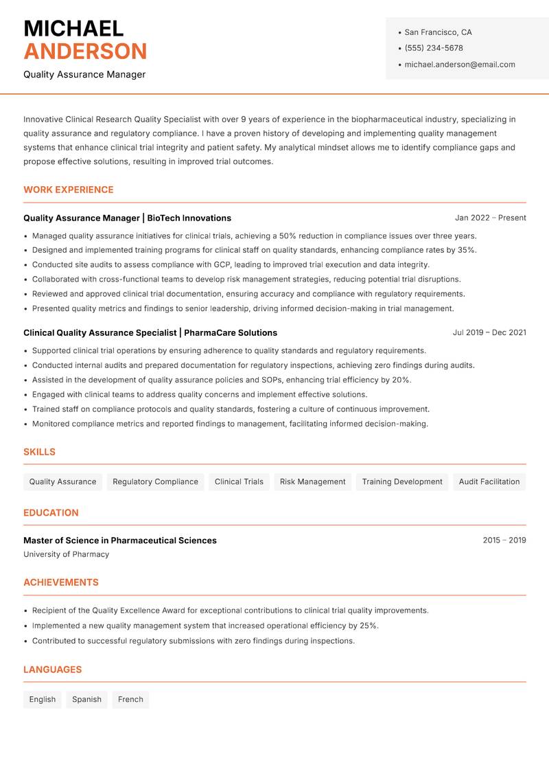 Clinical Research Quality Specialist Resume Template