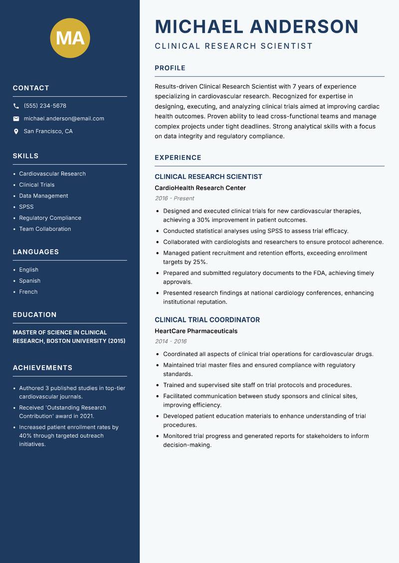 Clinical Research Scientist Resume Preview Example