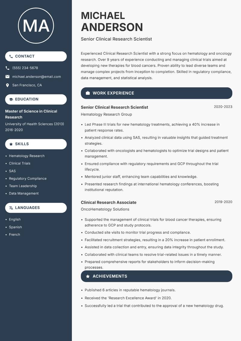 Clinical Research Scientist Resume Preview Example