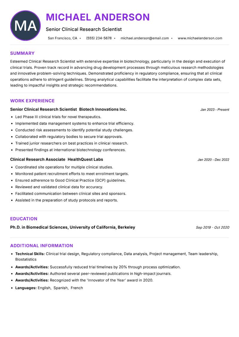 Clinical Research Scientist Biotechnology Resume Preview Example