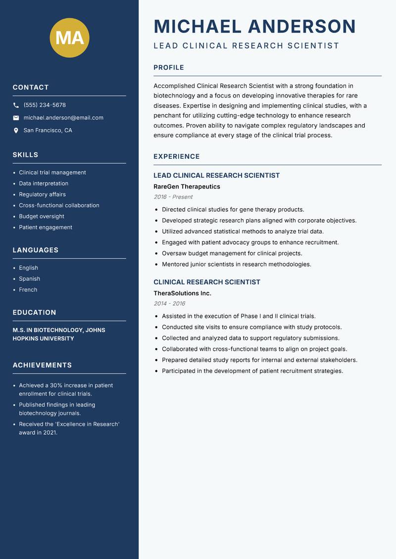 Clinical Research Scientist Biotechnology Resume Preview Example
