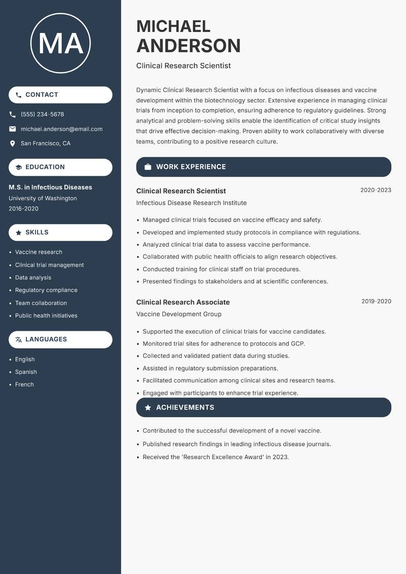 Clinical Research Scientist Biotechnology Resume Preview Example