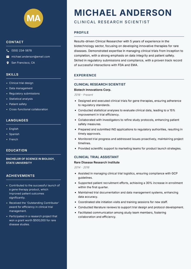 Clinical Researcher Resume Preview Example