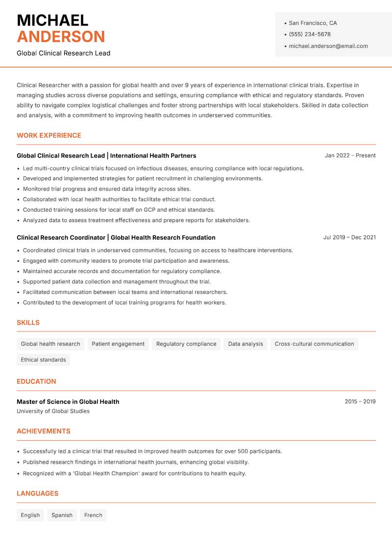 Clinical Researcher Resume Template