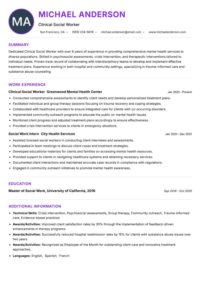 Clinical Social Worker Resume Preview Example