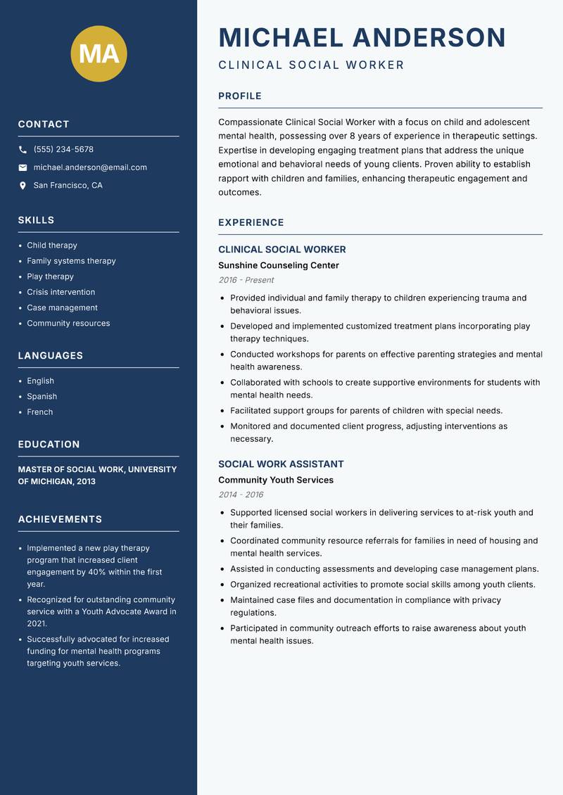 Clinical Social Worker Resume Preview Example