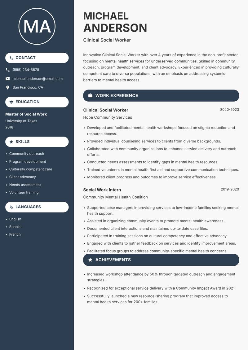 Clinical Social Worker Resume Preview Example